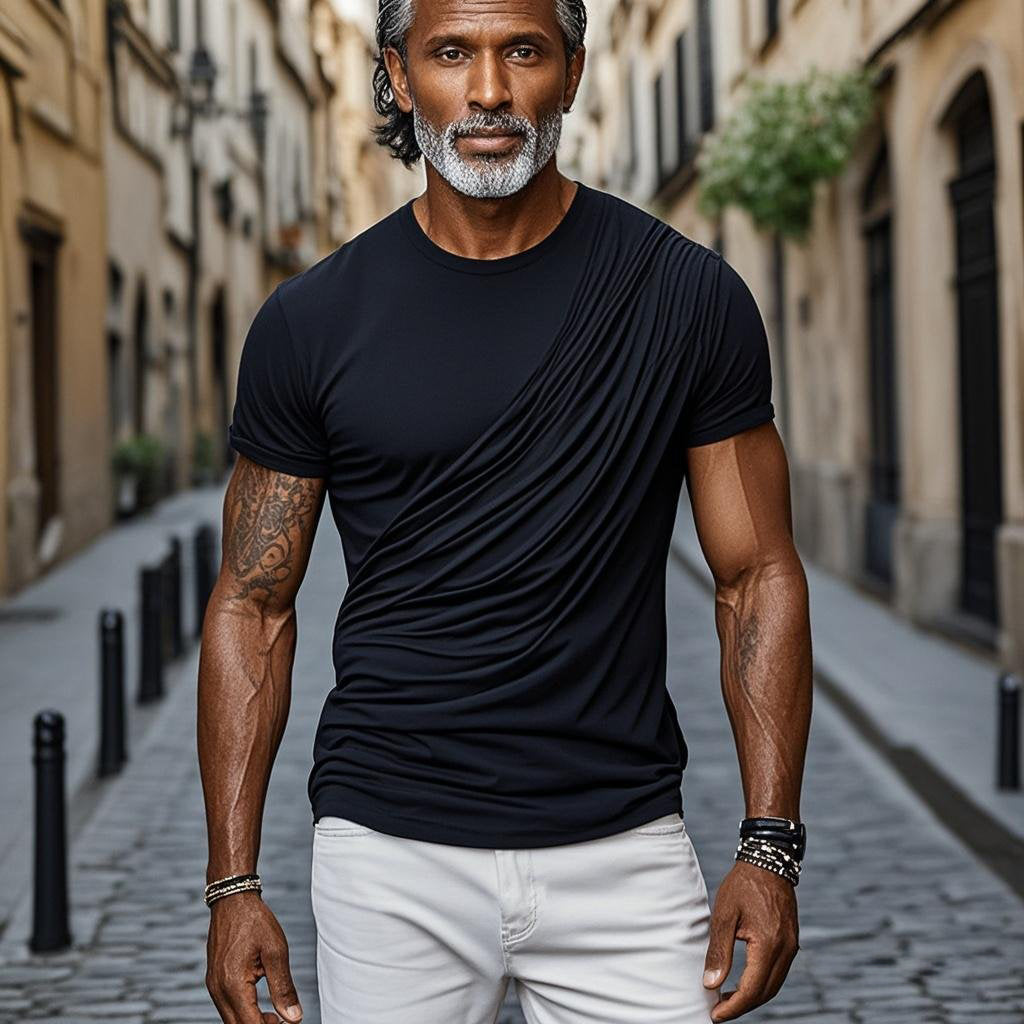 Men's fashionable and casual black pleated short-sleeved T-shirt