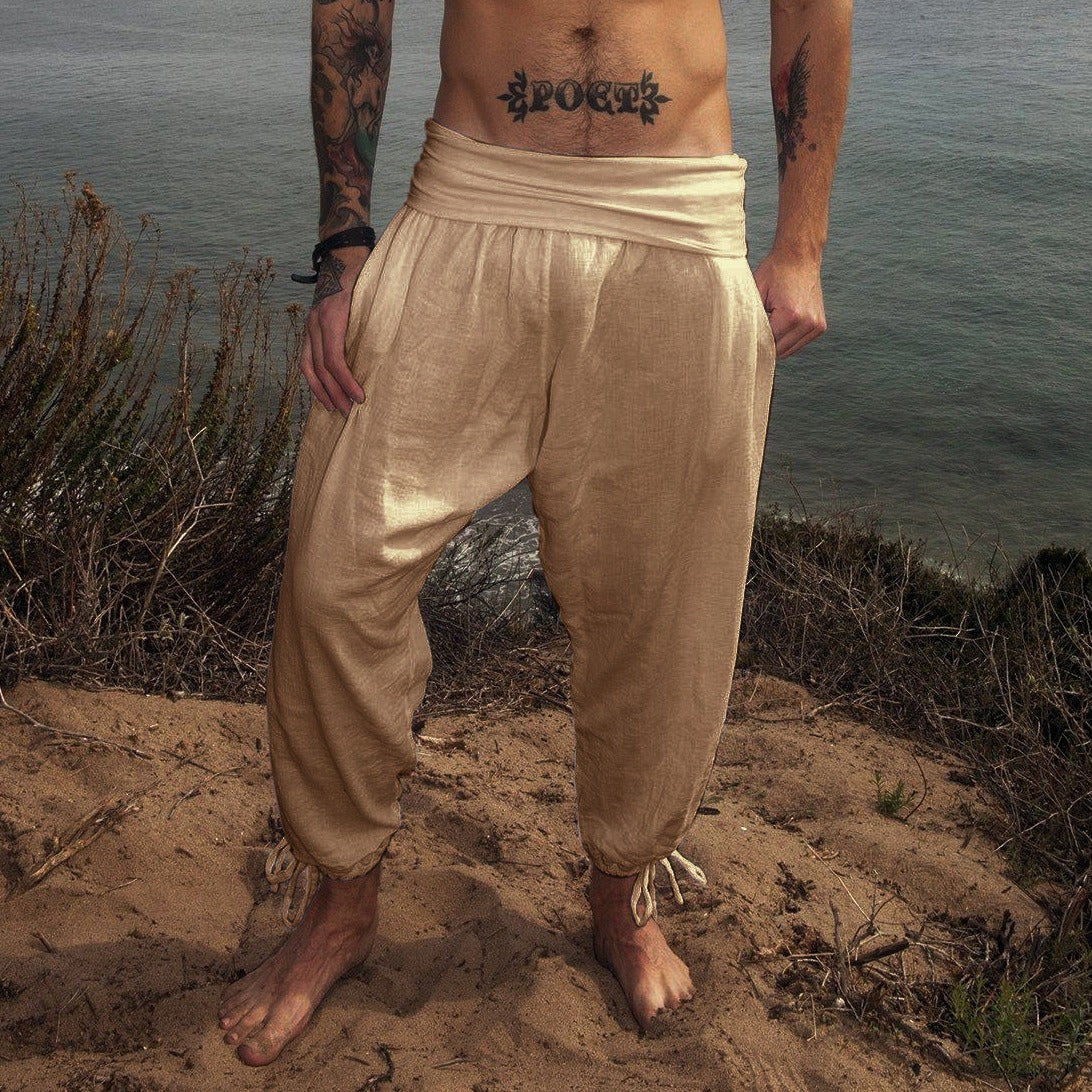 Men's fashionable and casual Bohemian-style cotton and linen trousers