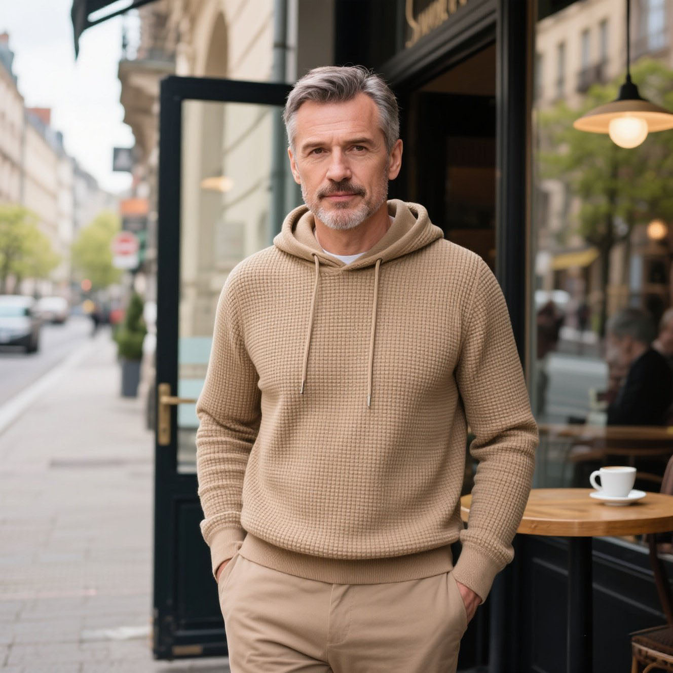 Modisches, lässiges Khaki-Waffel-Kapuzensweatshirt für Herren