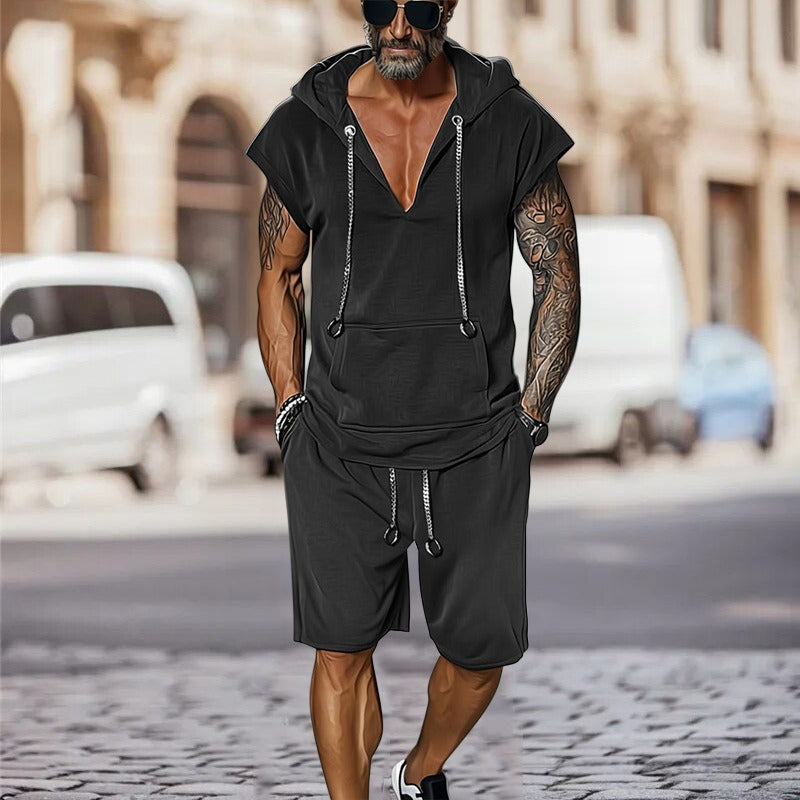 Ensemble deux pièces gilet et short noir à la mode et décontracté pour homme