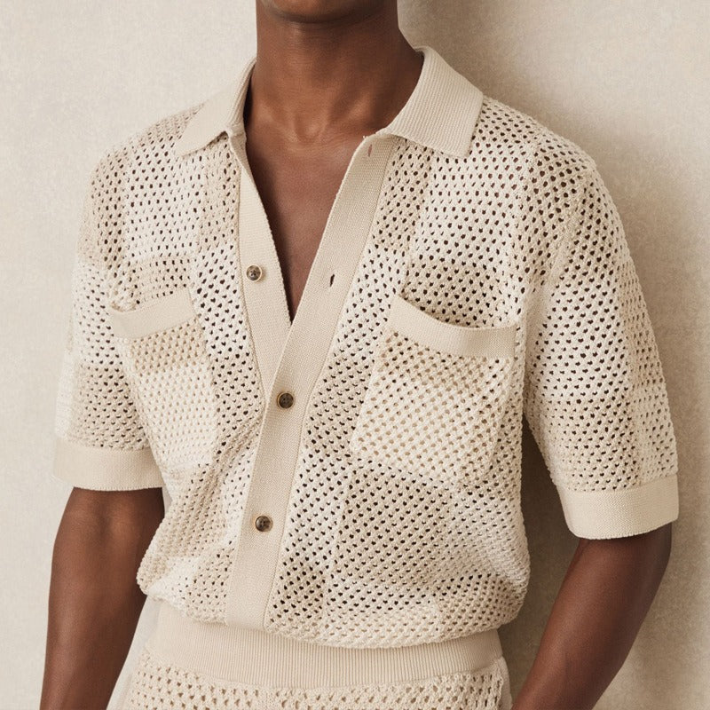 Men's fashionable casual solid-color cutouted short-sleeved shirt