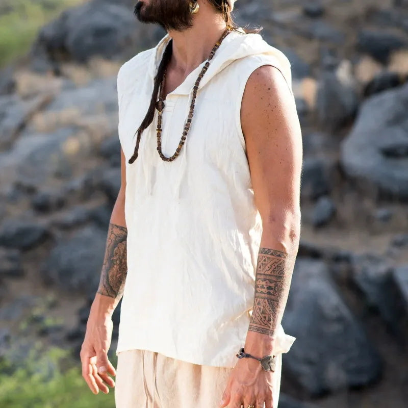 A two-piece set of men's fashionable and casual beige cotton and linen vest and shorts