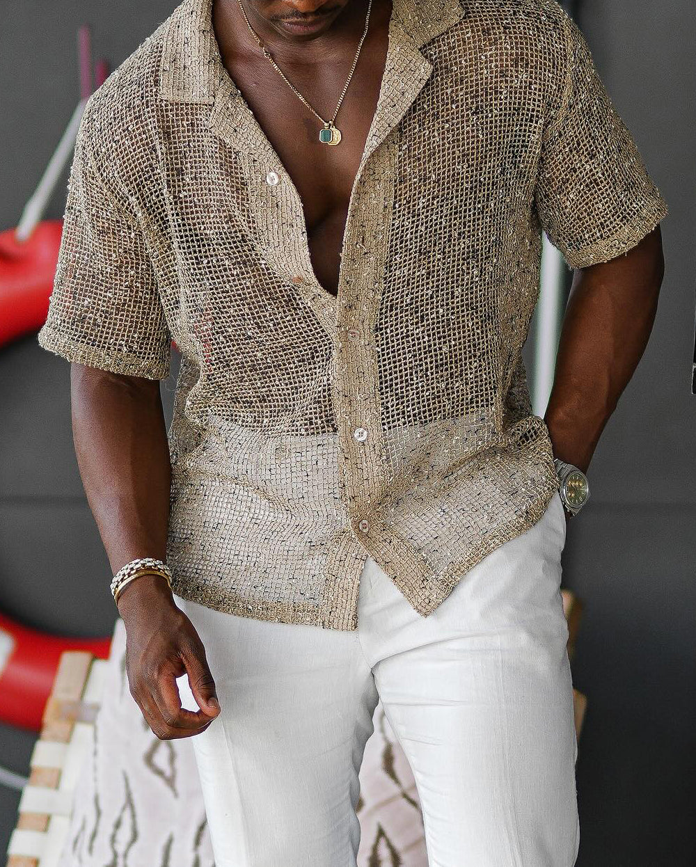 Chemise à manches courtes à découpes dorées, tendance et décontractée, pour homme