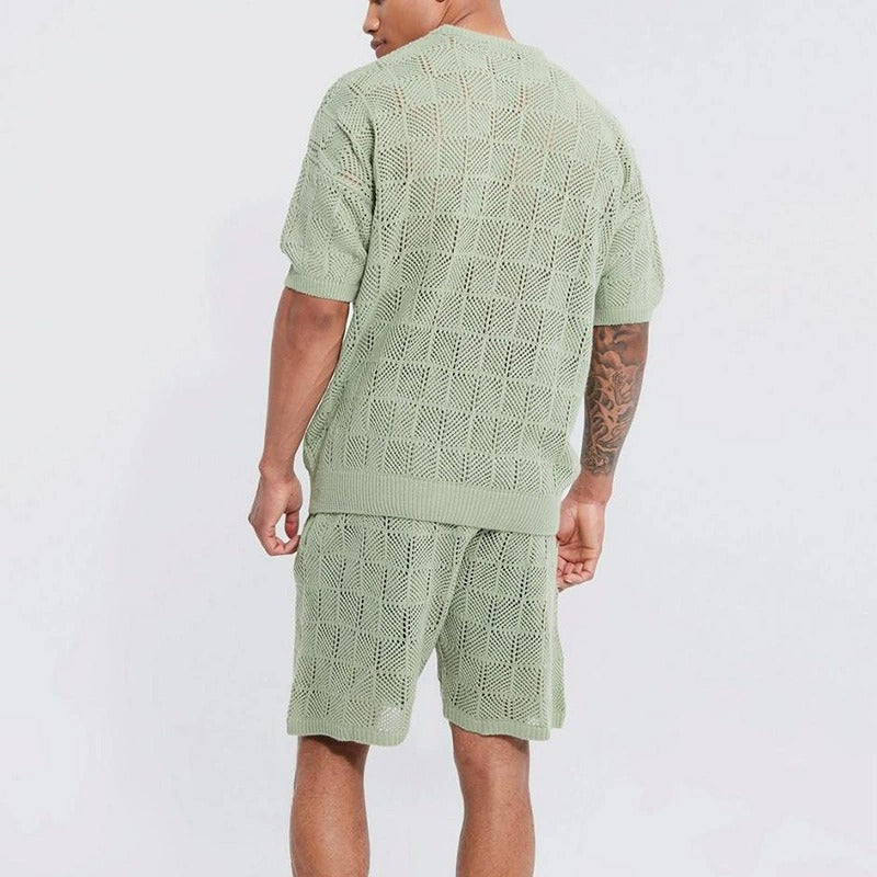Chemise à manches courtes en jacquard uni décontracté et tendance pour homme