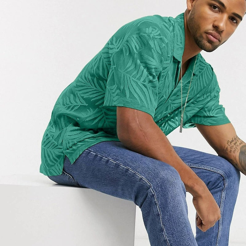 Men's fashionable casual short-sleeved shirt with palm leaf print