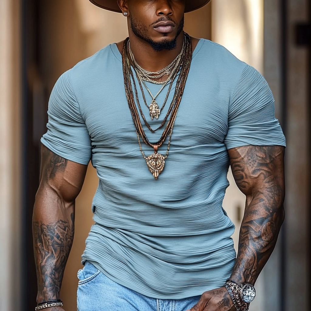 Men's fashionable casual tight blue pleated short-sleeved T-shirt