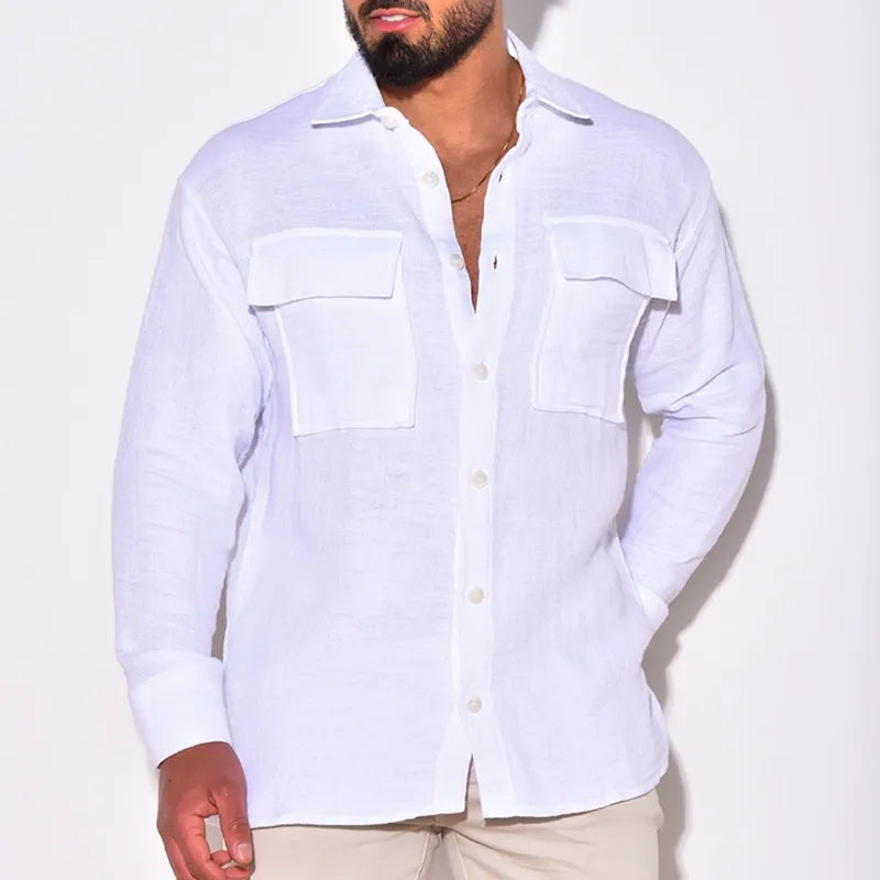 Men's fashionable and casual pocket long-sleeved shirt