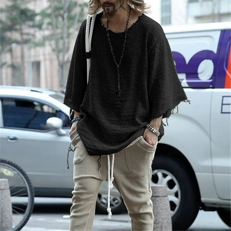 Men's long-sleeved solid-color top and trendy loose T-shirt