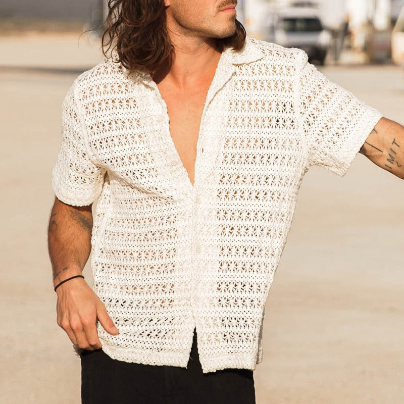 Men's fashionable casual solid-color cutouted short-sleeved shirt