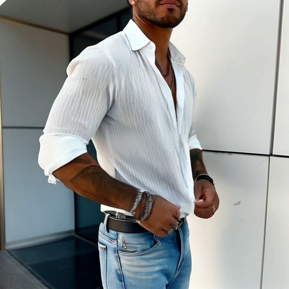 Men's Solid Color Striped Lapel Long Sleeve Shirt