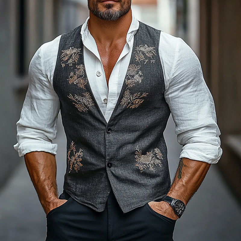 Gilet brodé floral vintage pour homme 