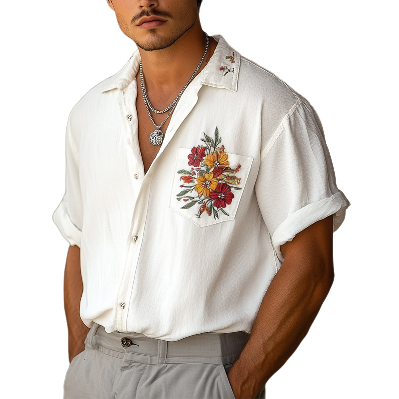 Lässiges, besticktes Kurzarmhemd aus Chiffon für Herren 