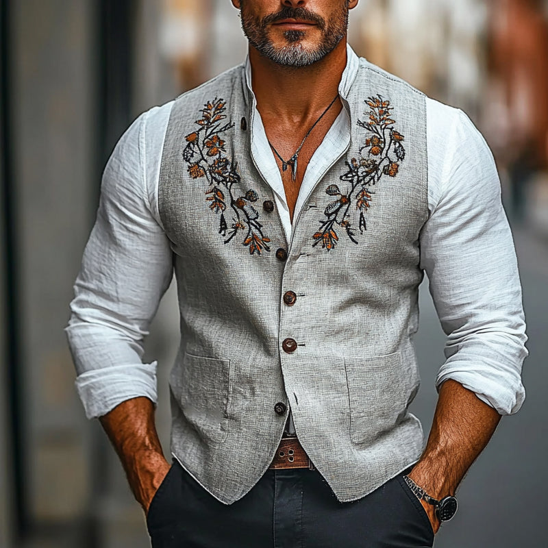 Gilet à col montant brodé vintage pour homme
