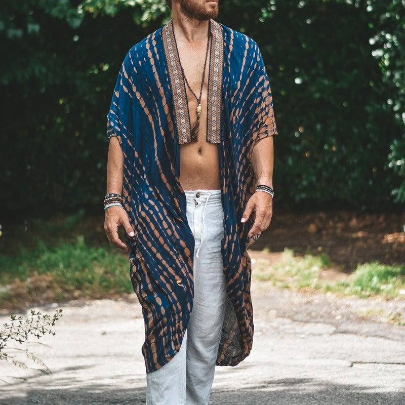 Men's beach sun-protective clothing, casual printed shirt fashionable cape coat
