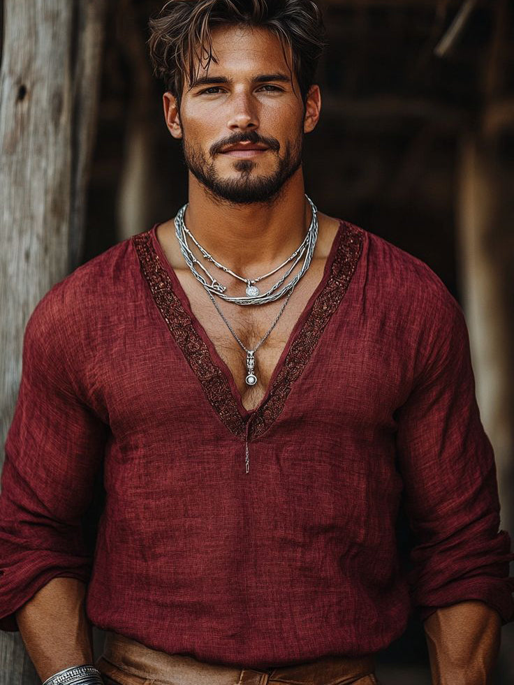 Men's fashionable casual wine red long-sleeved T-shirt