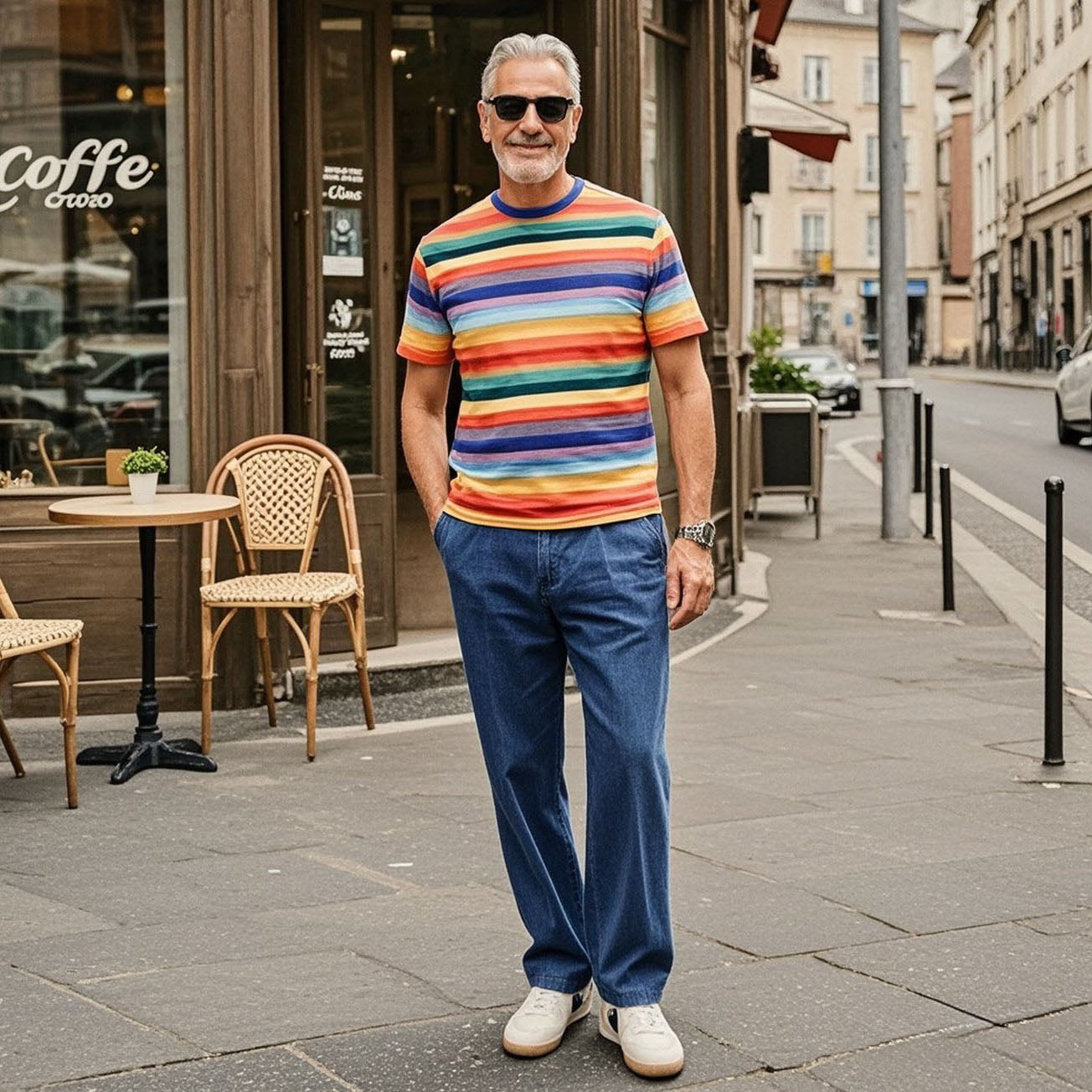 Men's fashionable casual rainbow-colored striped round-neck T-shirt