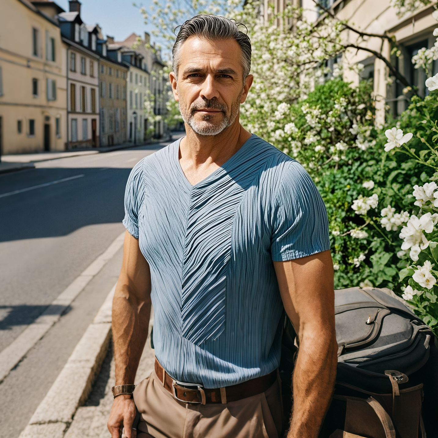 Men's fashionable casual blue pleated short-sleeved T-shirt