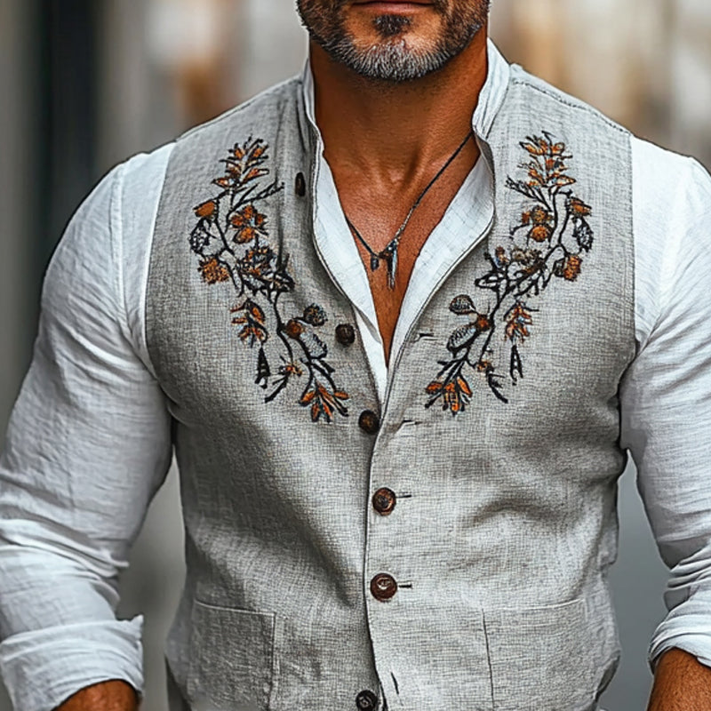 Men's Vintage Embroidered Stand Collar Vest