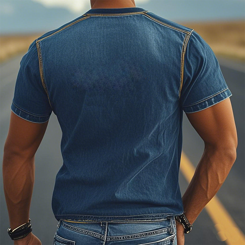 Men's Summer Fashion Casual Western Style Suede Embroidery Slim Fit Short Sleeve T-shirt