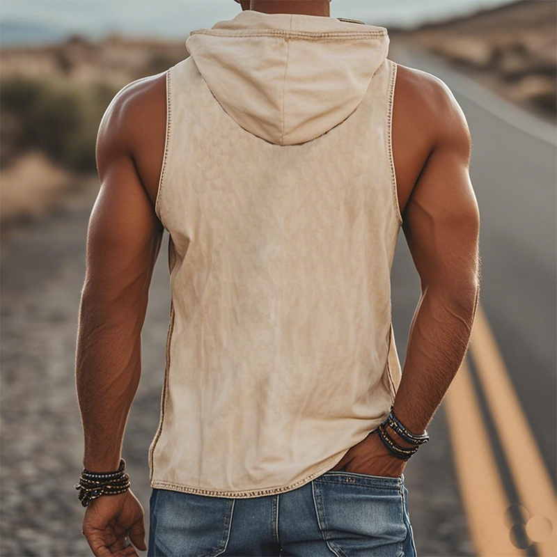 Men's Summer Fashion Retro Western Style Deep V Neck Hooded Suede Embroidered Tank Top