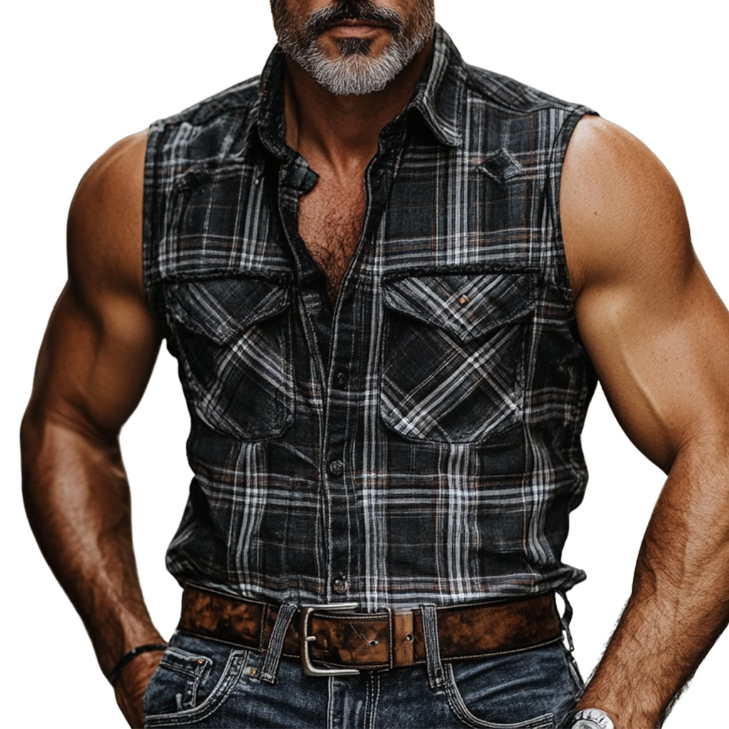 Men's fashionable casual checkered printed vest shirt