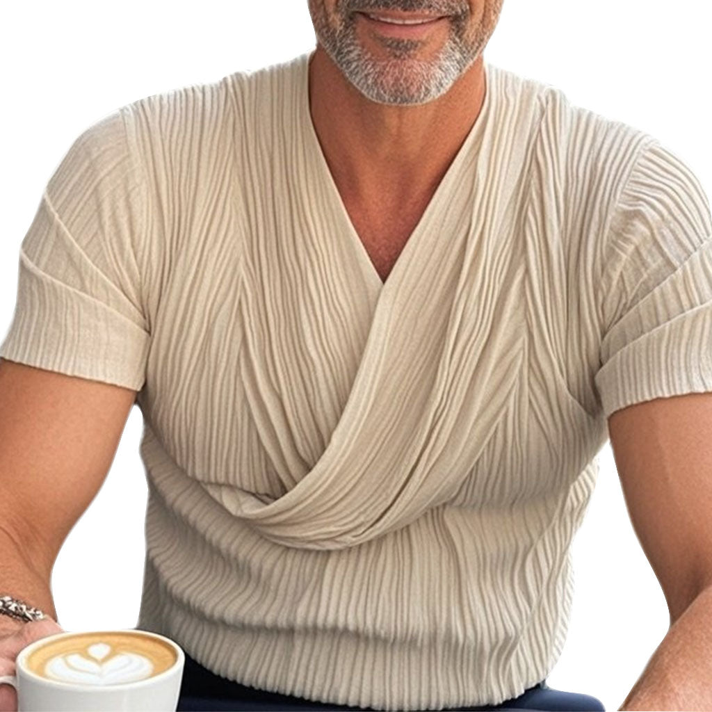 Men's fashionable casual beige pleated T-shirt