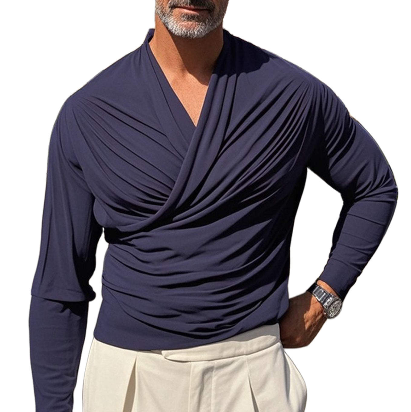 Men's fashionable casual navy blue pleated long-sleeved T-shirt