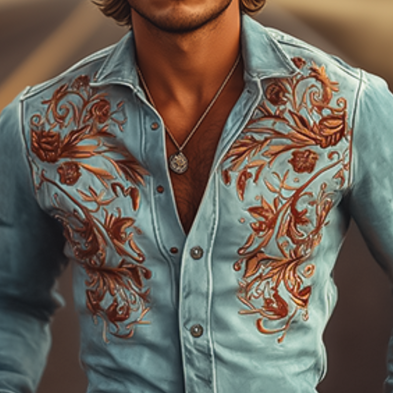 Men's Classic American Retro Western Suede Embroidered Long Sleeve Shirt