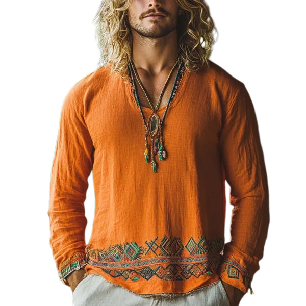 Herren-Oberteil im Bohemian-Urlaubsstil, Vintage-Stil, bedrucktes Leinen, lässig, langärmelig 