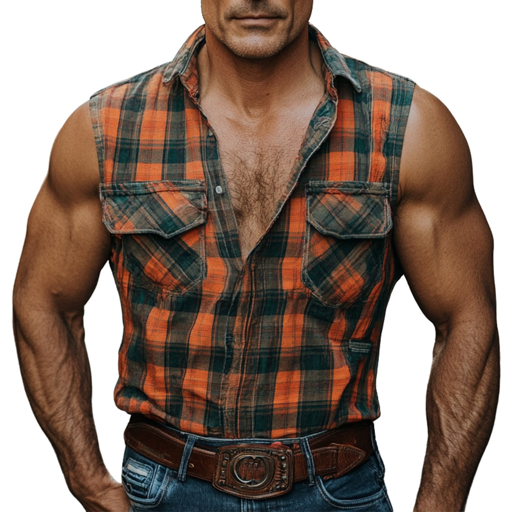 Men's fashionable casual checkered printed vest shirt