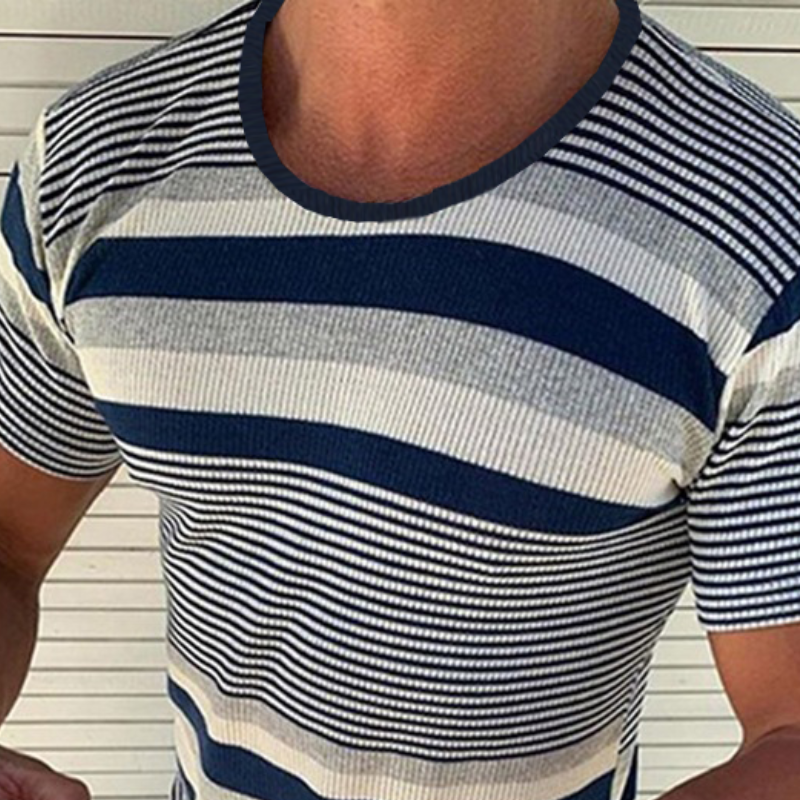 Men's Spring and Summer Casual Horizontal Stripe Knit Short Sleeve T-Shirt ASW1978C7K