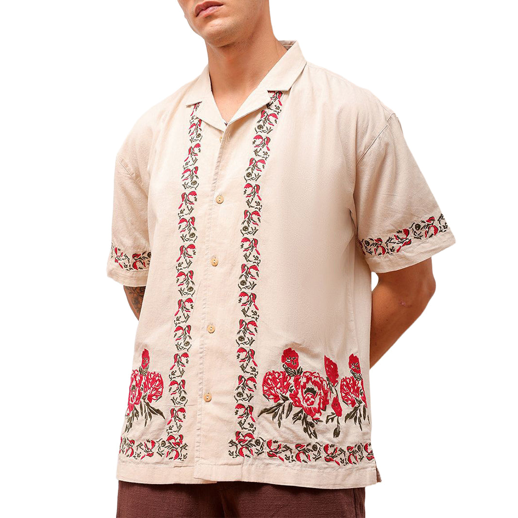 Men's fashionable casual short-sleeved shirt with floral prints