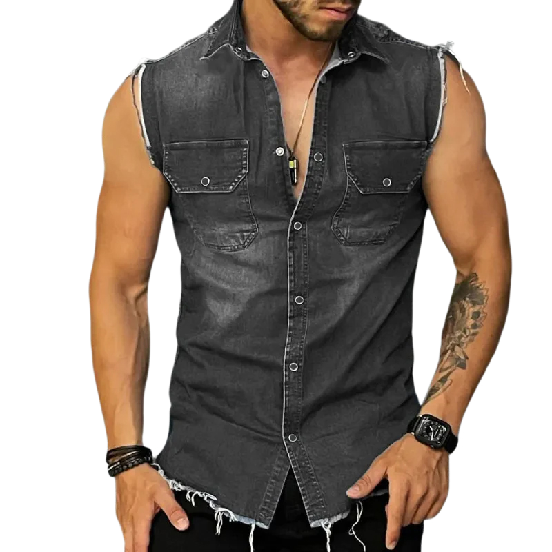 Chemise en jean sans manches à revers vintage pour homme