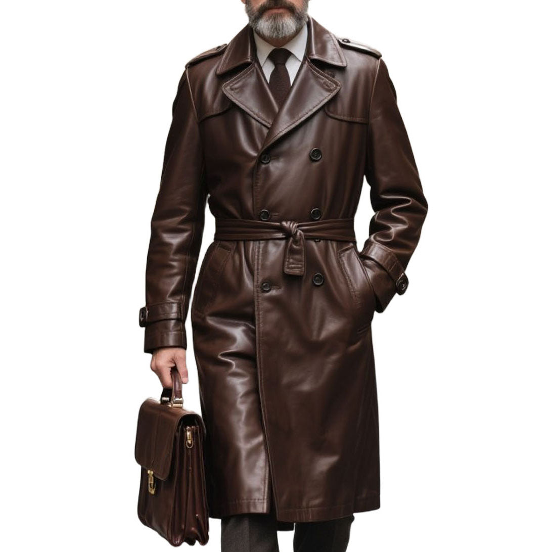 Men's fashionable and casual brown long leather coat