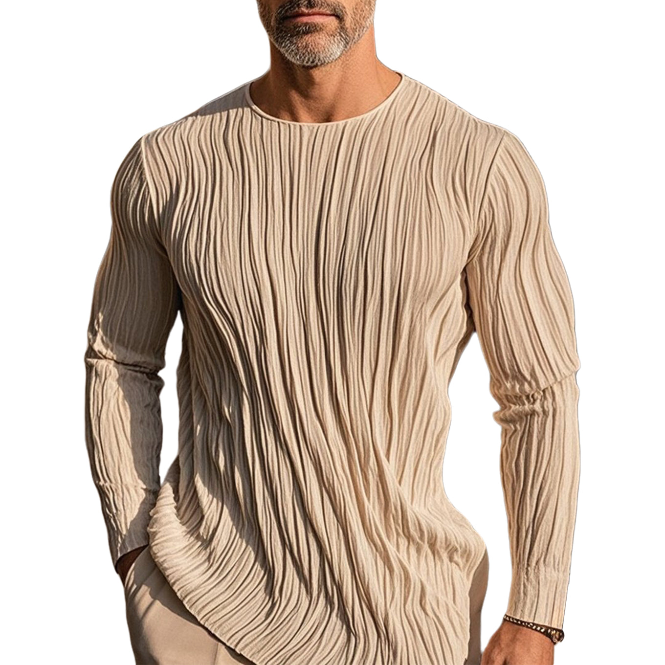 Men's fashionable and casual khaki pleated long-sleeved T-shirt