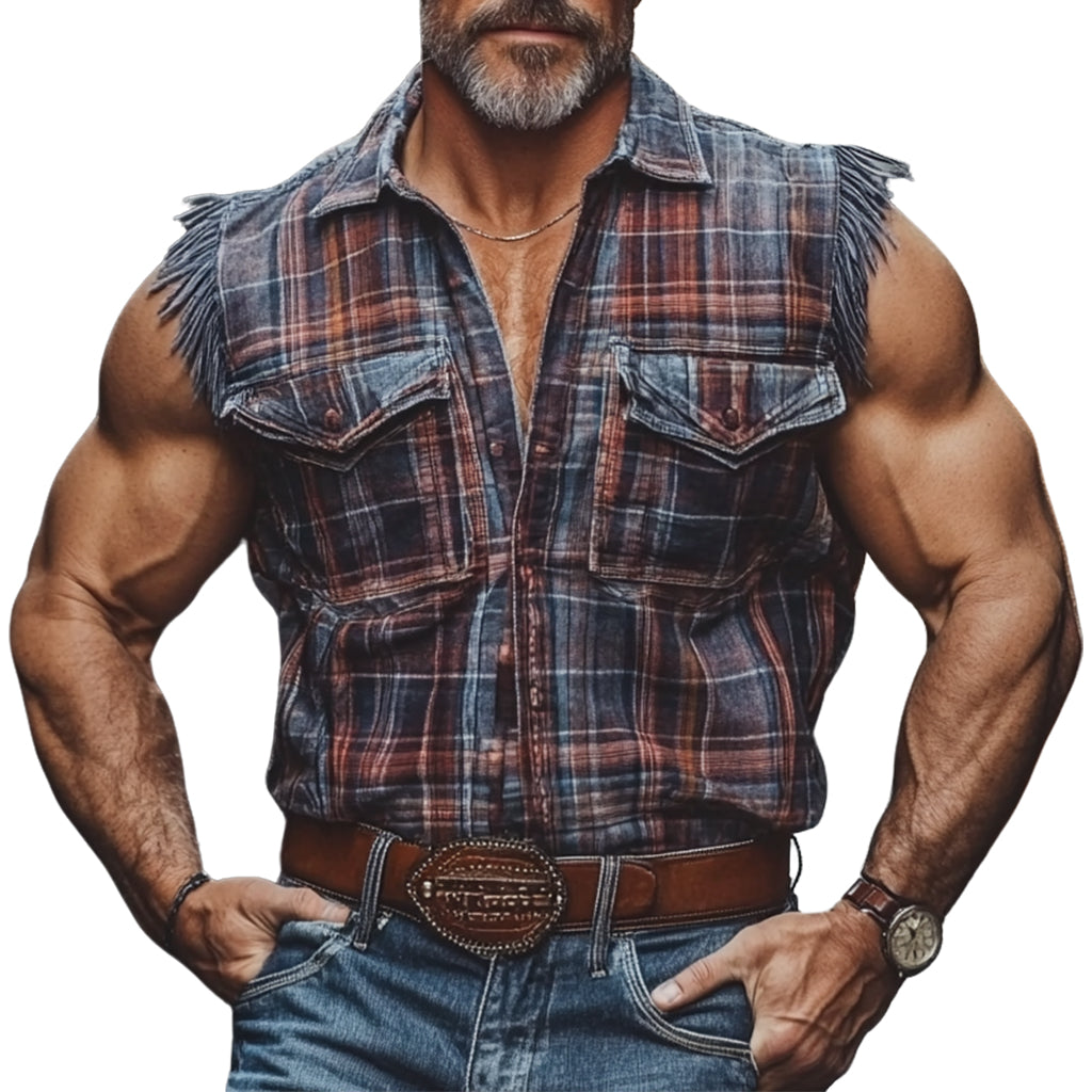 Men's fashionable casual checkered printed vest shirt