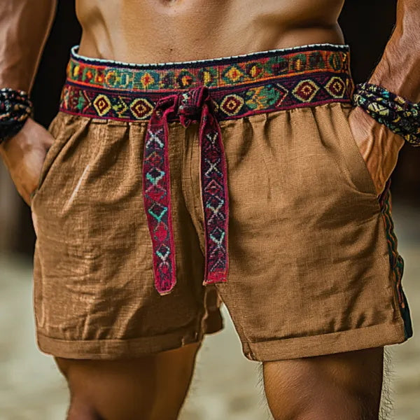 Mens Ethnic Bohemian Comfort Linen Shorts