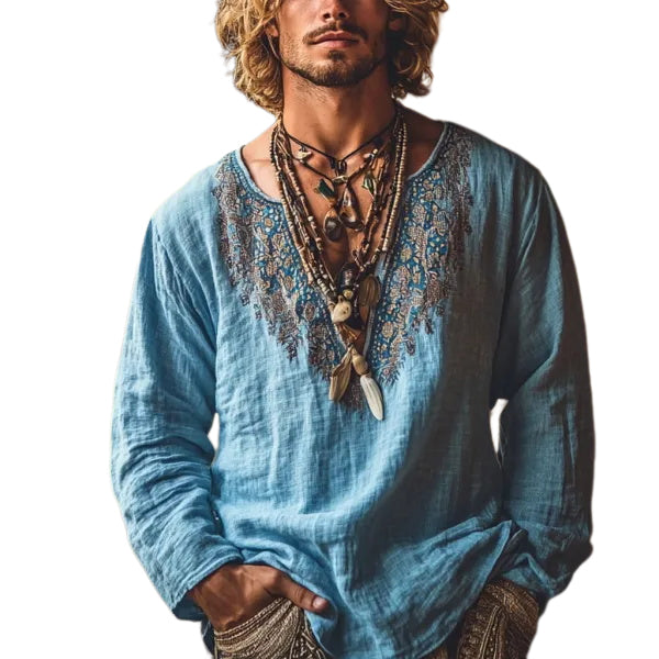 Herren-Oberteil im Bohemian-Urlaubsstil, Vintage-Stil, bedrucktes Leinen, lässig, langärmelig 