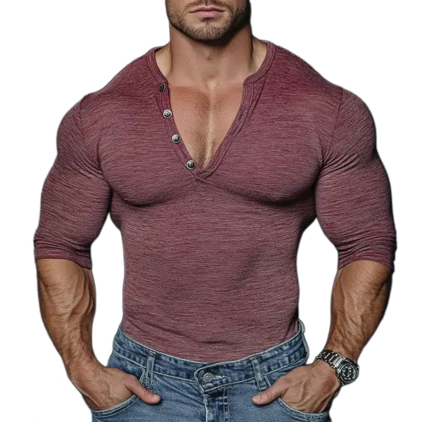 Men's Casual Henry V-neck Oversized Stretch Comfortable Breathable Long Sleeve T-shirt Oversized Neck Casual Fitness