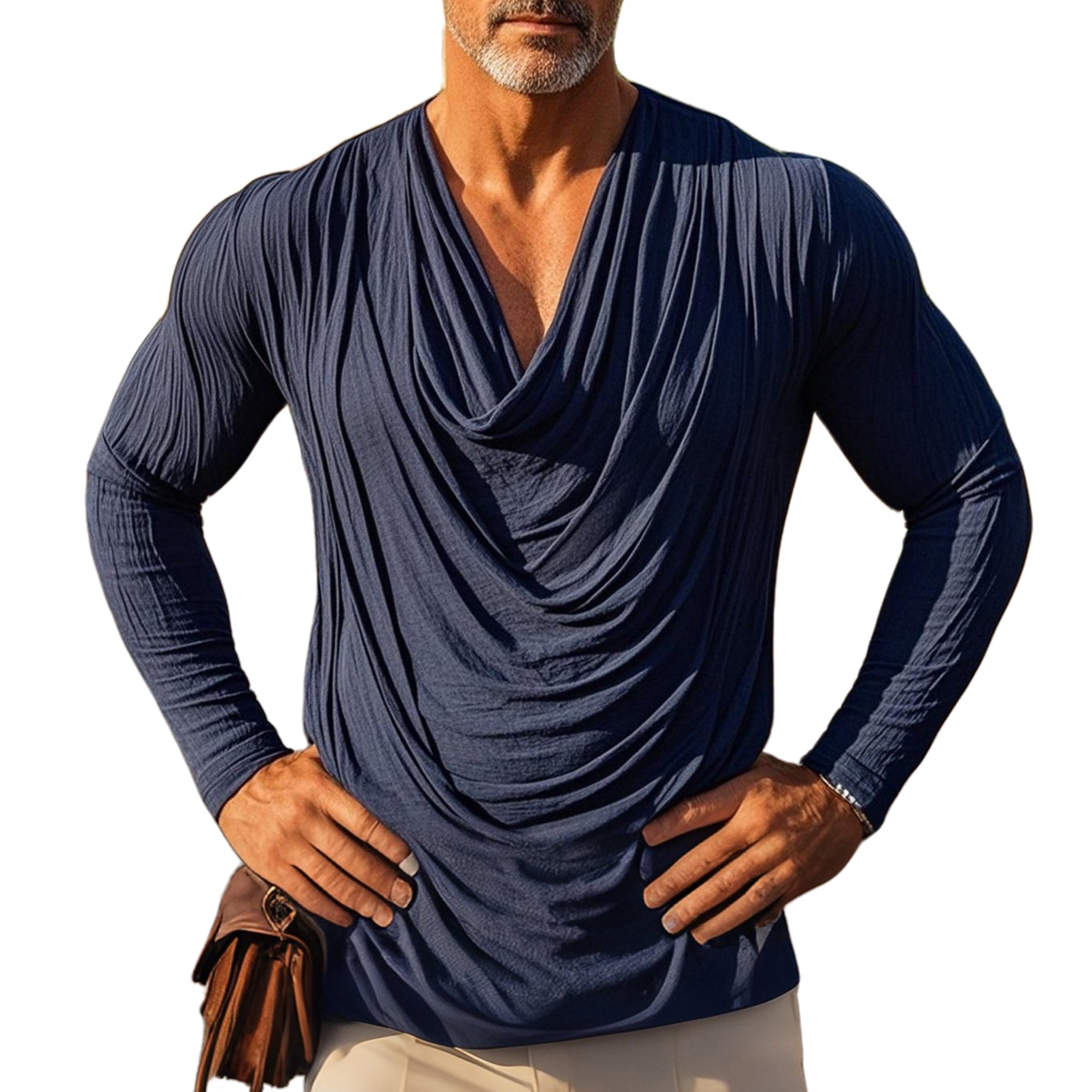 Men's fashionable casual navy blue pleated long-sleeved T-shirt