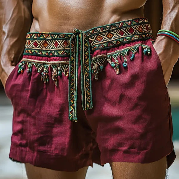 Mens Ethnic Bohemian Casual Comfort Linen Shorts