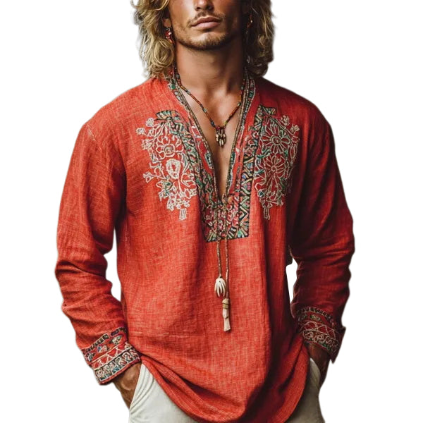 Herren-Oberteil im Bohemian-Urlaubsstil, Vintage-Stil, bedrucktes Leinen, lässig, langärmelig 
