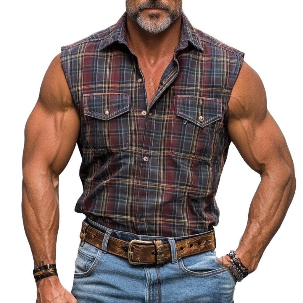 Men's fashionable casual checkered printed vest shirt