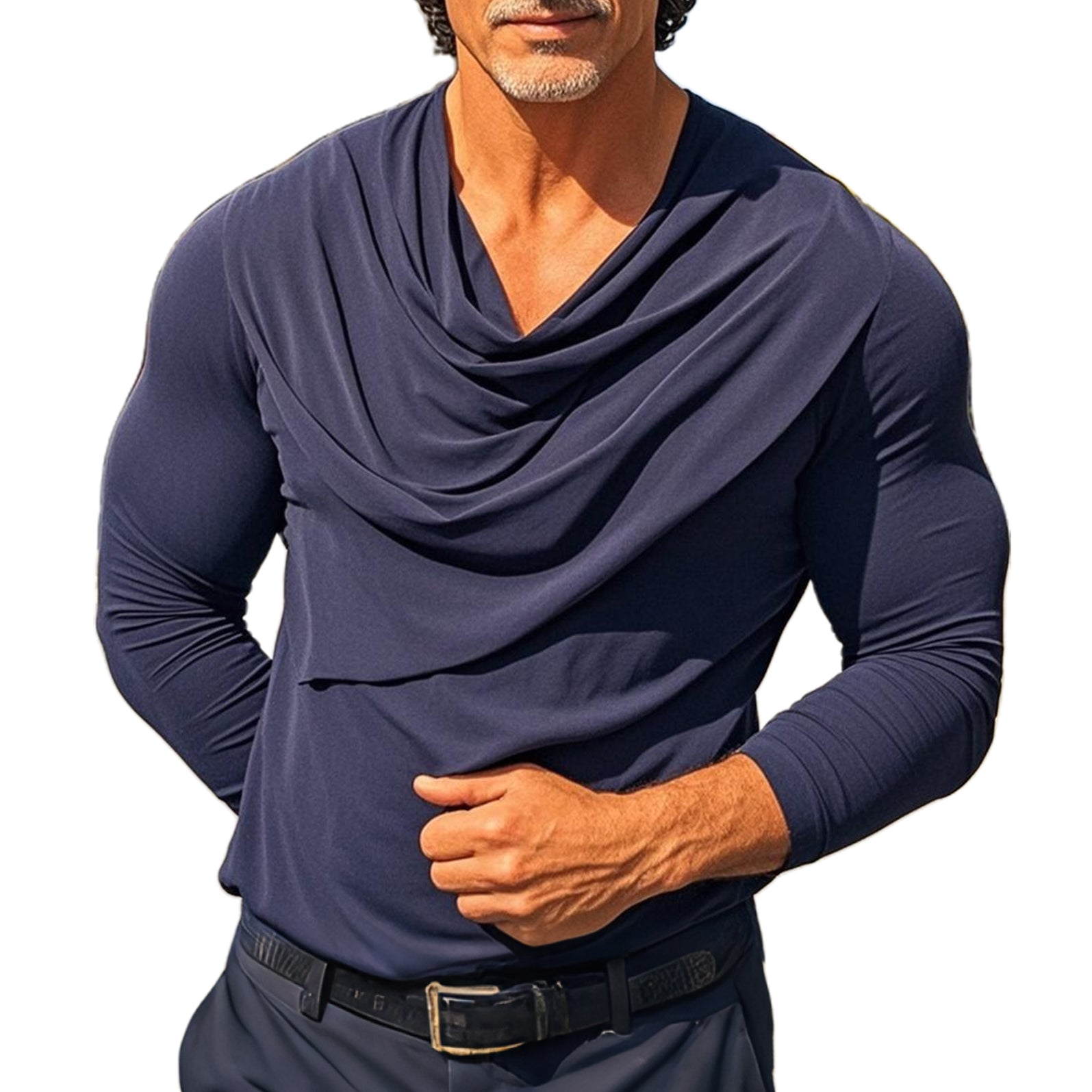 Men's fashionable casual navy blue pleated long-sleeved T-shirt