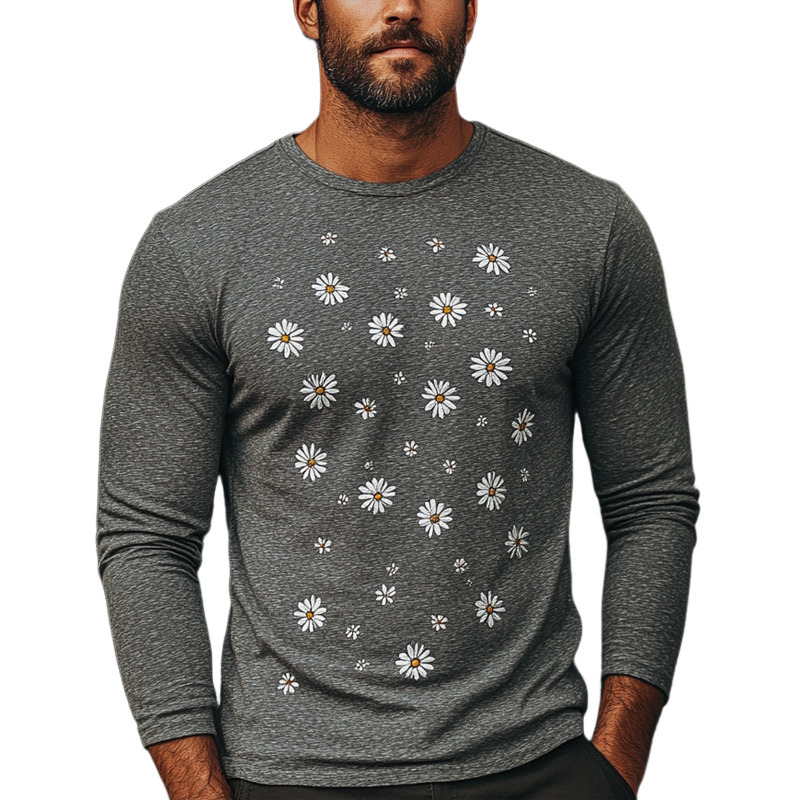 Herren-Langarm-T-Shirt mit Gänseblümchen-Stickerei