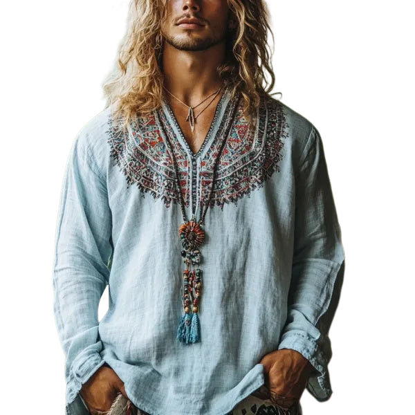 Herren-Oberteil im Bohemian-Urlaubsstil, Vintage-Stil, bedrucktes Leinen, lässig, langärmelig 