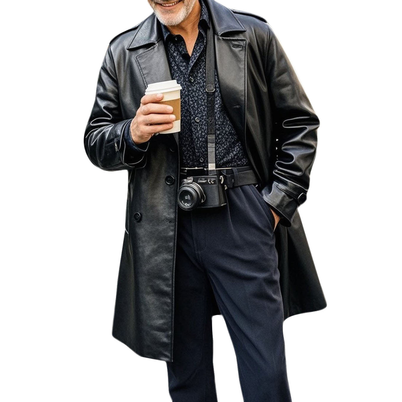 Men's fashionable and casual black leather coat