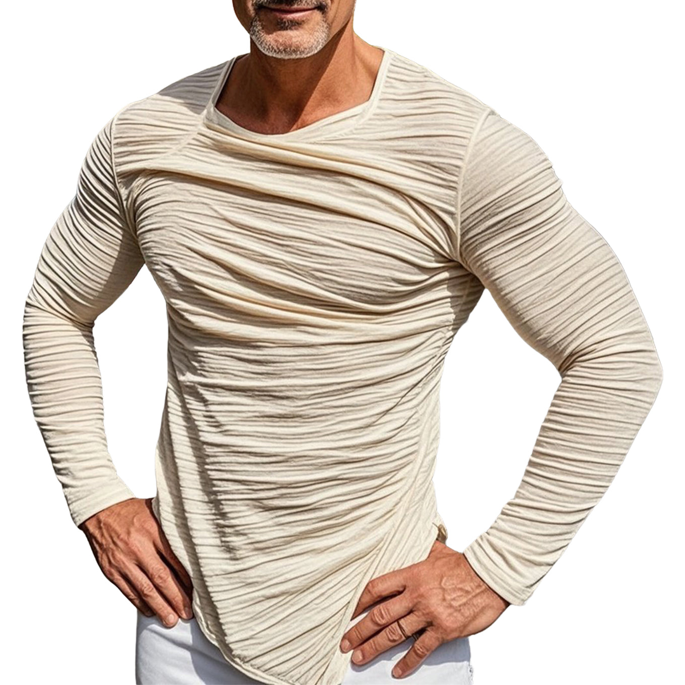 Men's fashionable casual grey pleated long-sleeved T-shirt