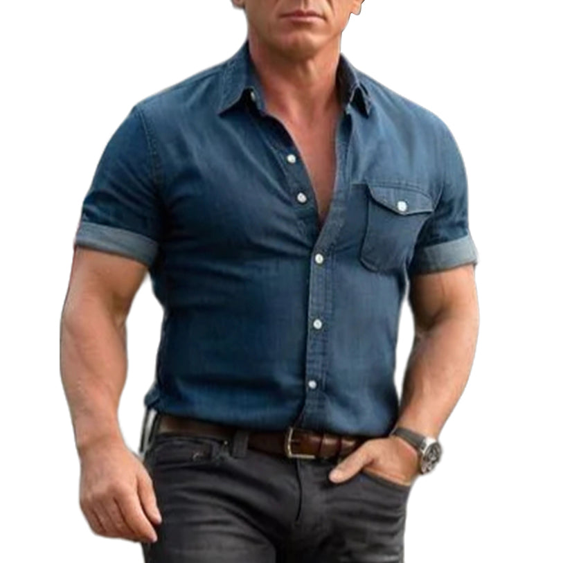 Men's fashionable casual blue denim short-sleeved shirt