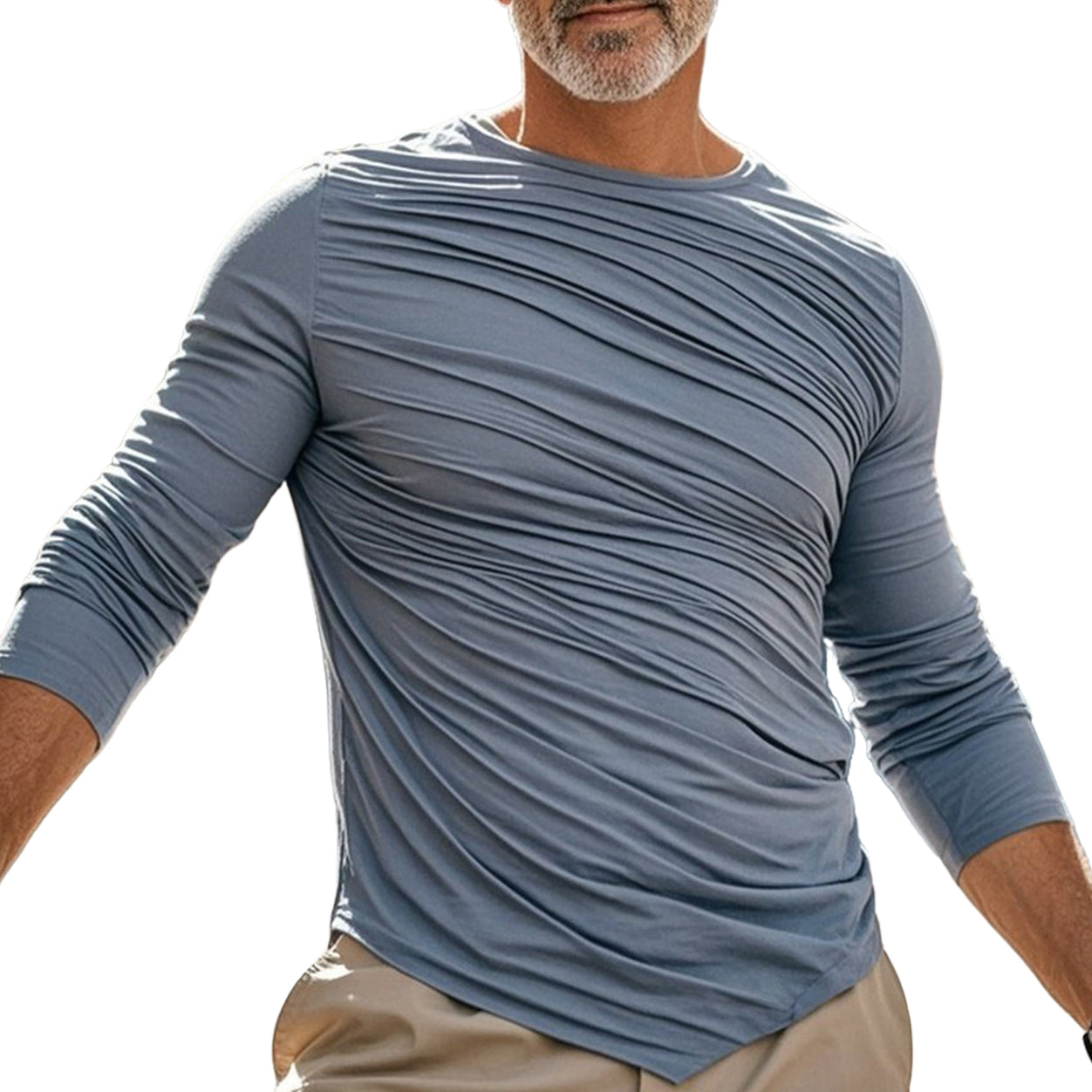 Men's fashionable casual grey pleated long-sleeved T-shirt